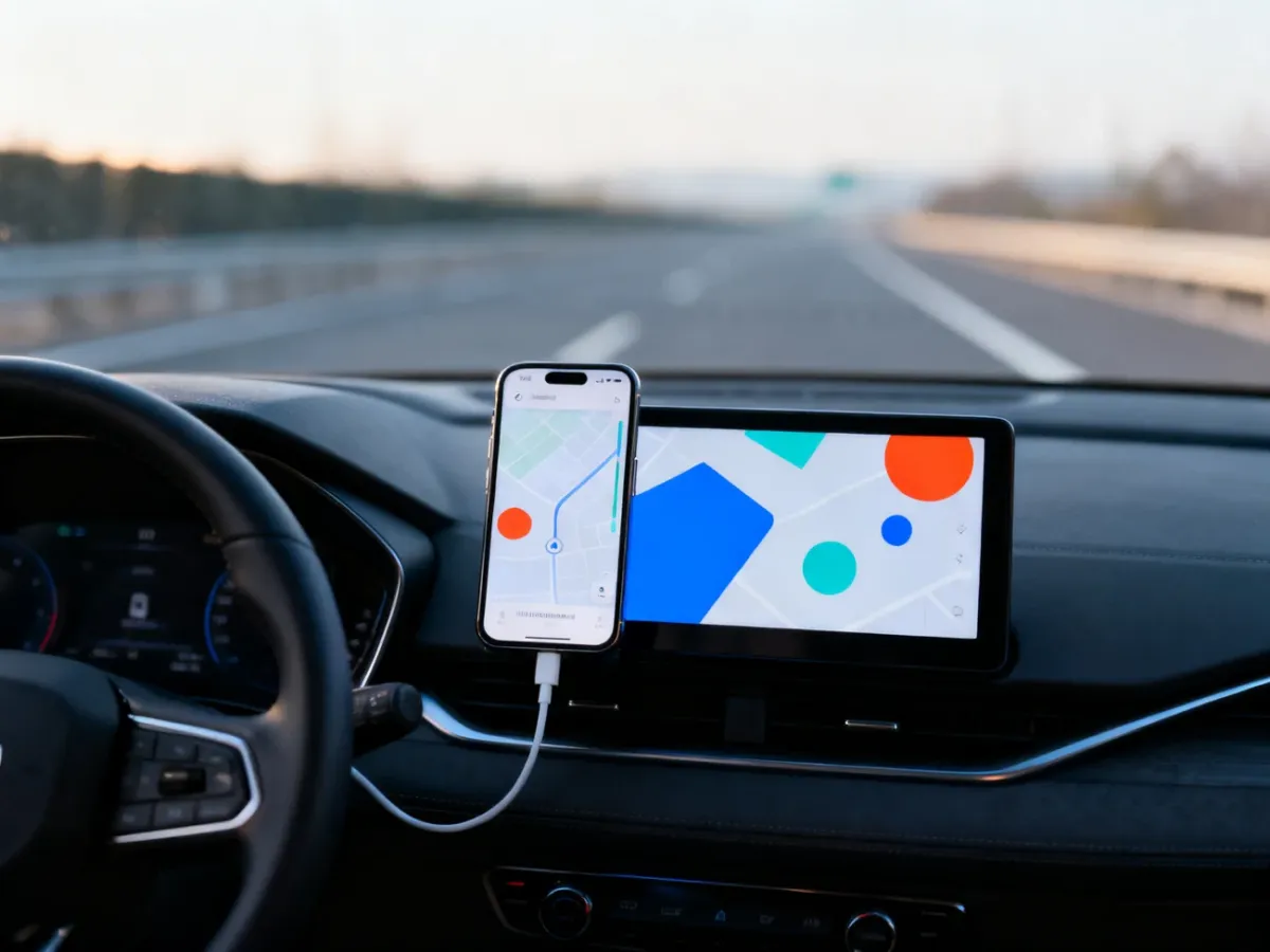 Ekran samochodu wyświetlający interfejs Android Auto podczas jazdy