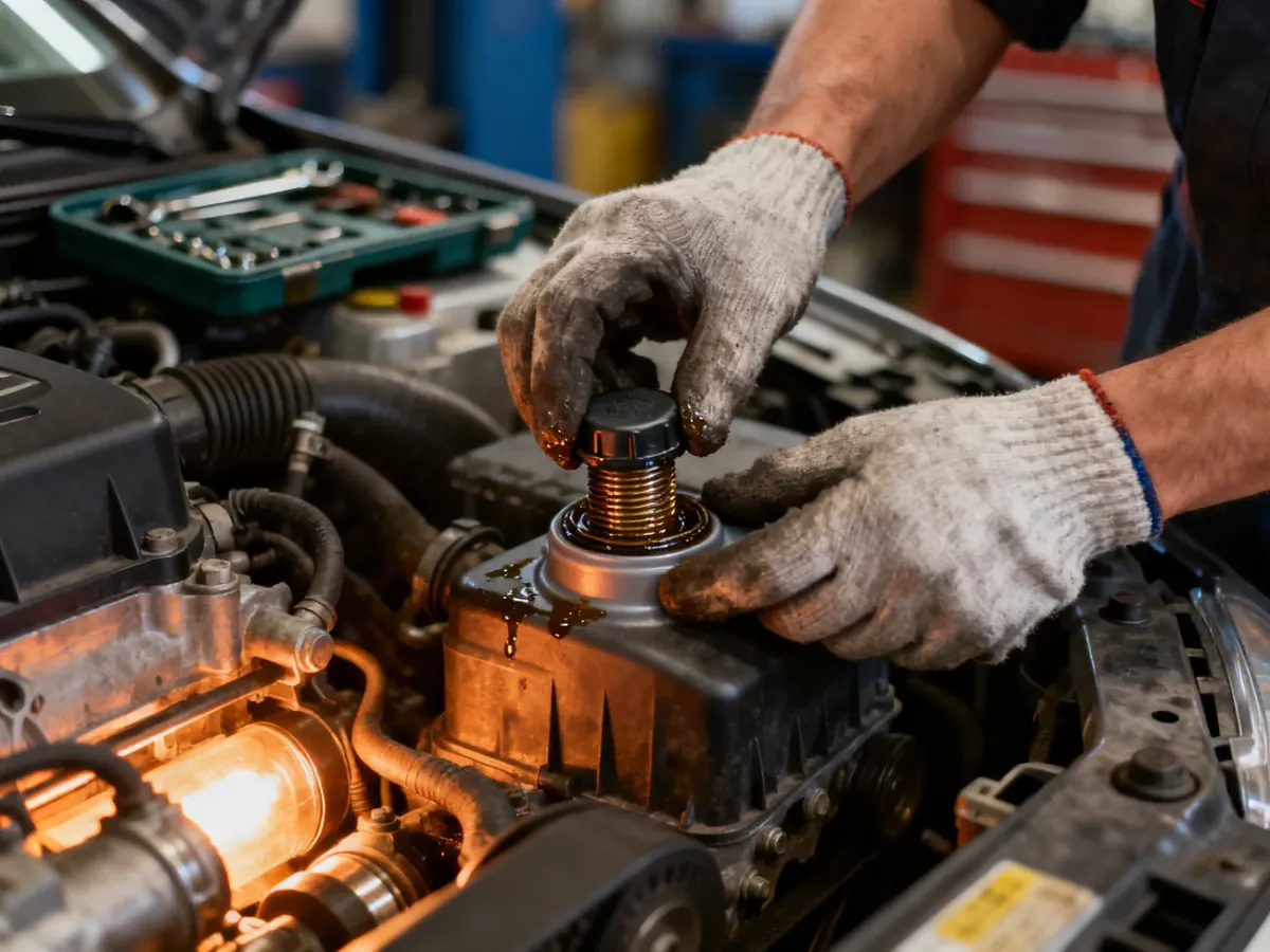 Mechanik sprawdzający korek wlewu oleju przy pracującym silniku