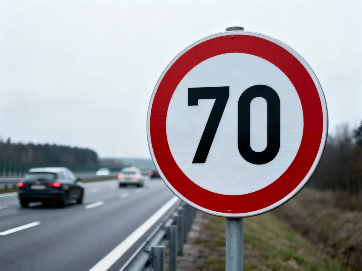 Znak ograniczenia prędkości minimalnej 70 km/h przy autostradzie
