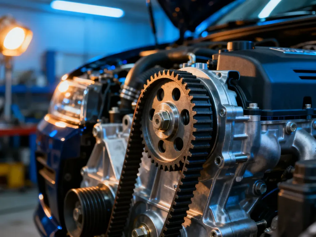 Zbliżenie na pasek rozrządu w nowoczesnym silniku samochodowym, ukazujące precyzyjne elementy mechanizmu napędowego.