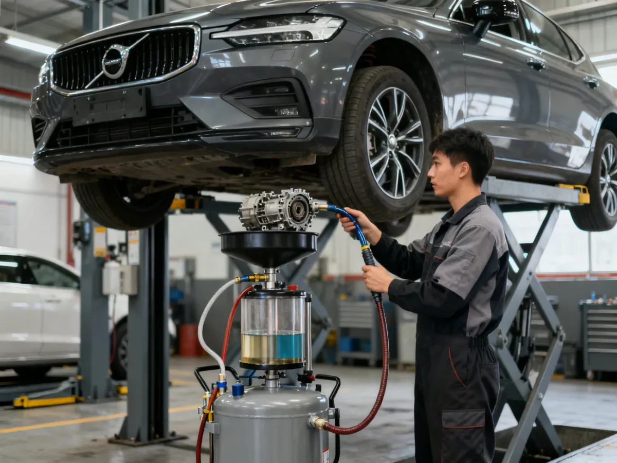Mechanik wykonujący dynamiczną wymianę oleju w automatycznej skrzyni biegów