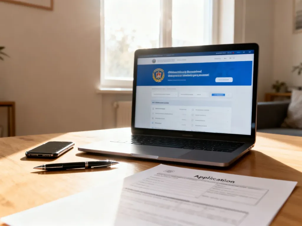 Laptop z otwartym portalem rządowym oraz formularz na biurku, symbolizujące proces składania wniosku o profil kierowcy.