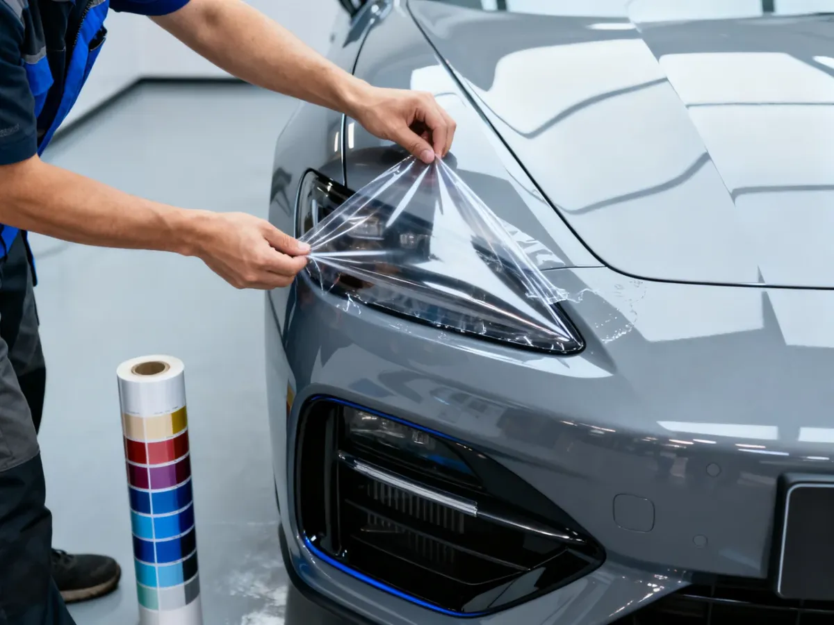 A technician applying protective PPF film to the front of a car