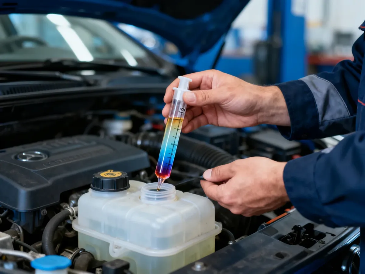 Mechanik wykonujący test CO2 w zbiorniczku płynu chłodniczego