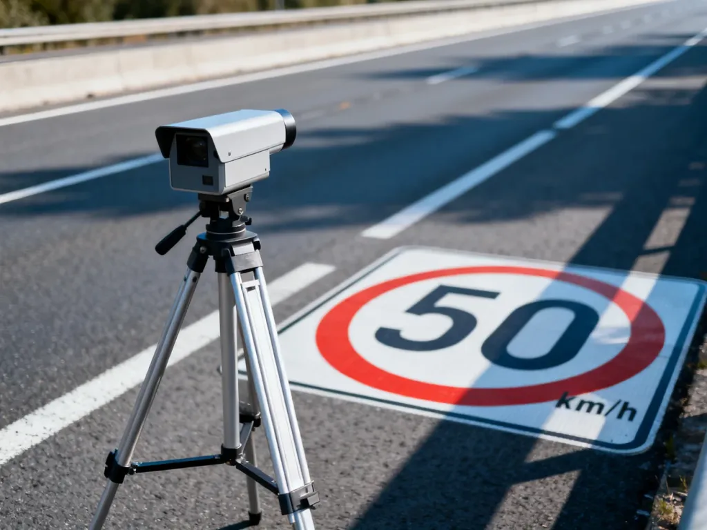 Fotoradar ustawiony przy drodze z ograniczeniem prędkości do 50 km/h, monitorujący ruch pojazdów.