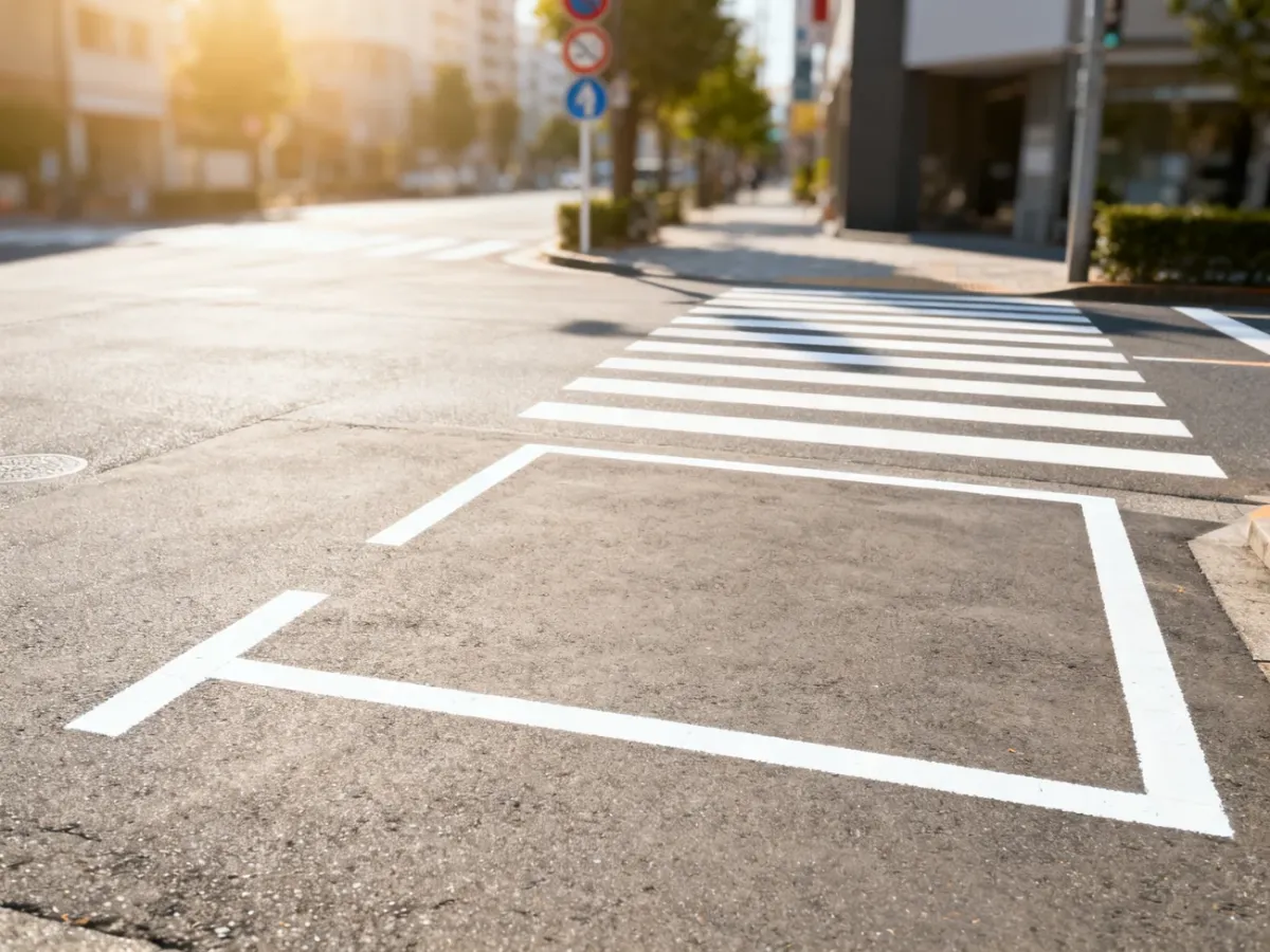 Puste miejsce parkingowe oznaczone zgodnie z przepisami w bezpiecznej odległości od przejścia dla pieszych.