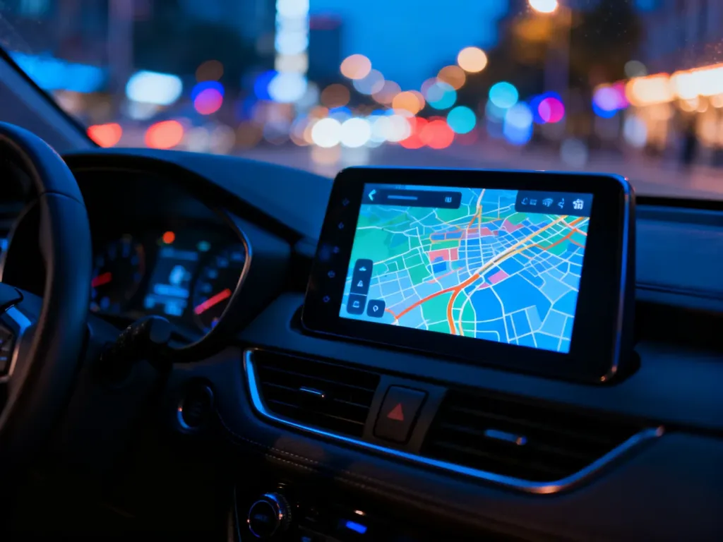 Nowoczesny kokpit samochodu z wyświetlaczem dotykowym prezentującym interfejs nawigacji systemu Android Auto.