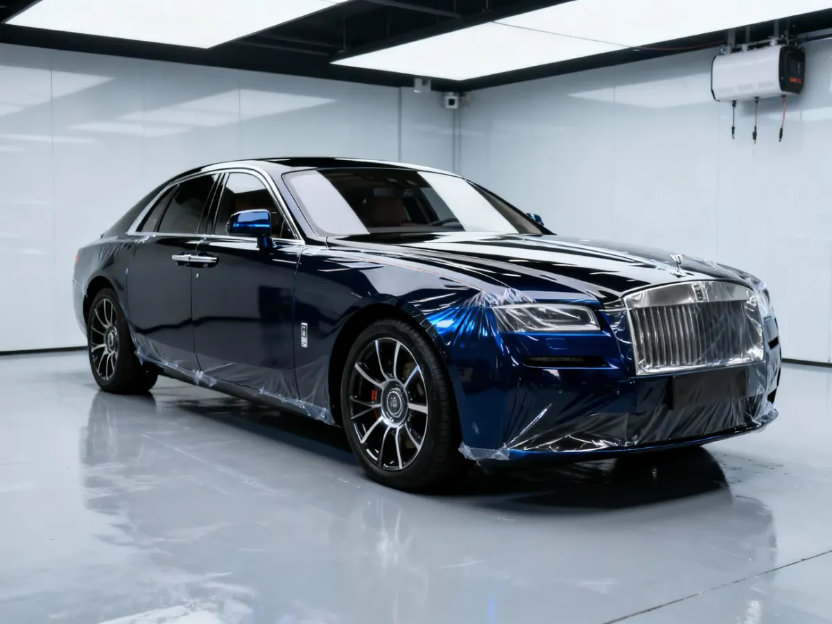Finished professionally wrapped car in a detailing studio