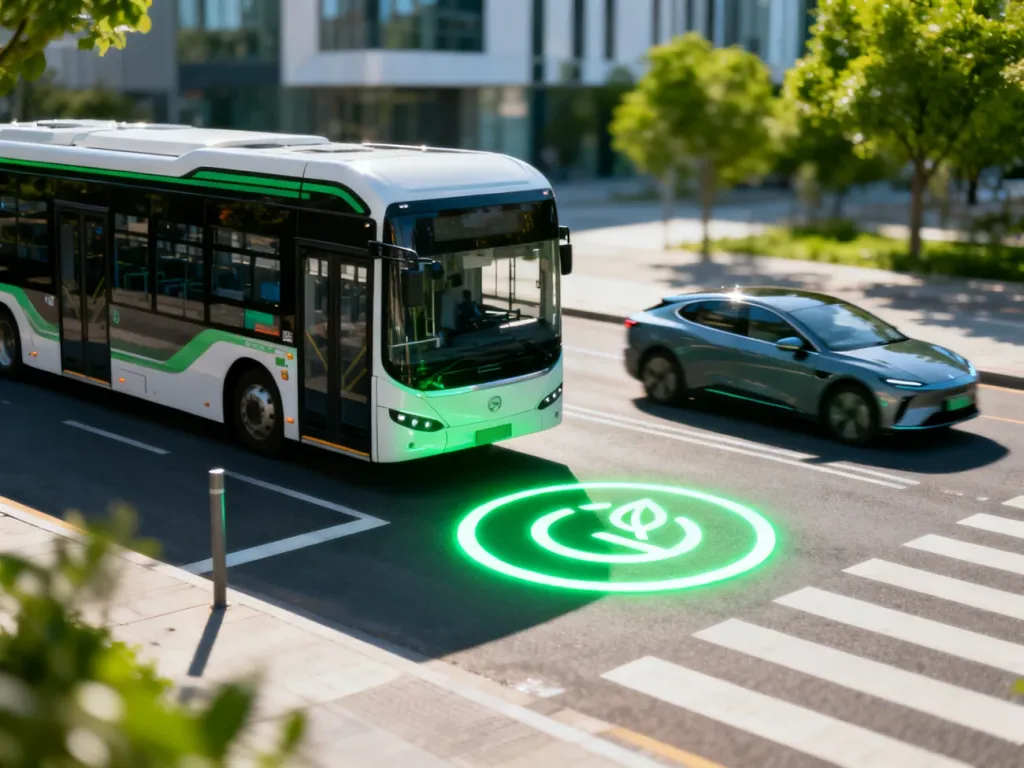 Nowoczesne skrzyżowanie z pojazdami elektrycznymi i zielonym znakiem wyznaczającym strefę czystego transportu.