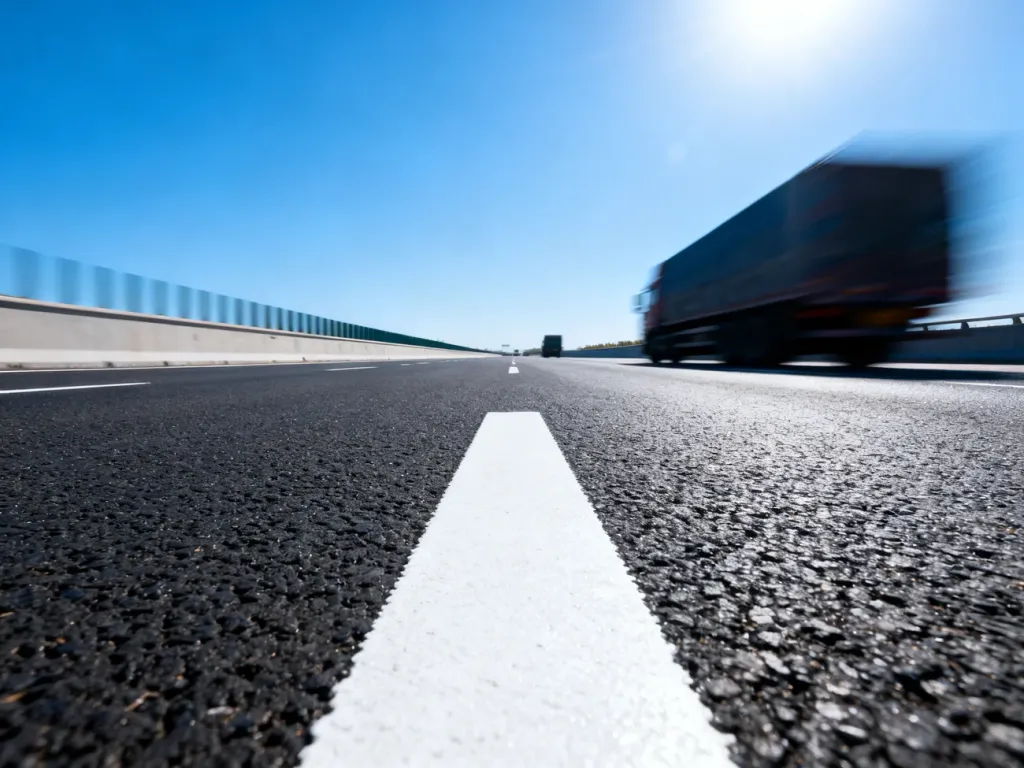Nowoczesna autostrada z rozmytymi w ruchu samochodami, podkreślająca dynamikę i wysokie prędkości jazdy.