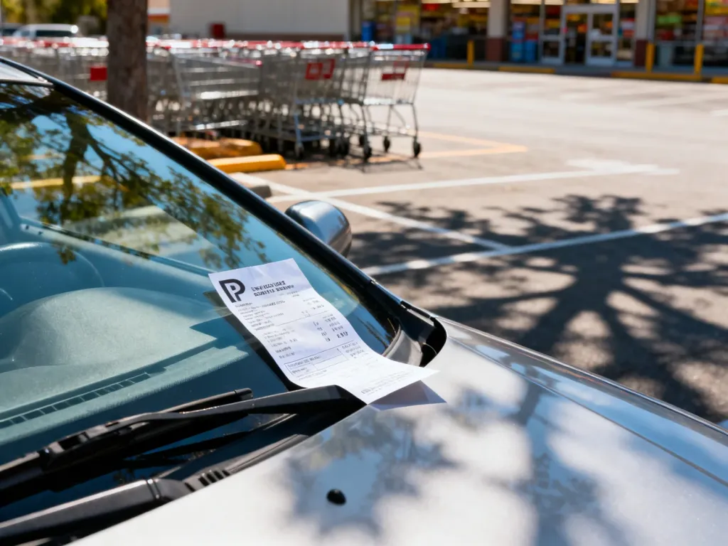 Mandat za parkowanie umieszczony za wycieraczką samochodu na tle parkingu przy supermarkecie.