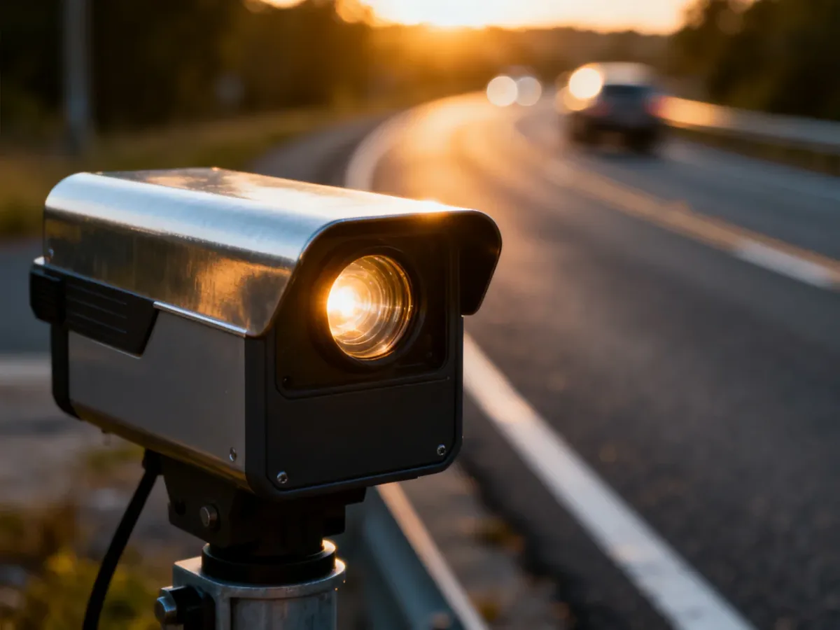 Nowoczesny fotoradar przy drodze w świetle zachodzącego słońca, rejestrujący prędkość przejeżdżających pojazdów.