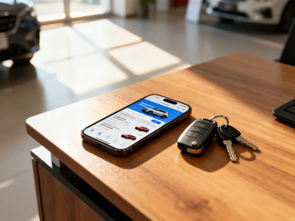 Smartfon z interfejsem portalu motoryzacyjnego leżący na biurku obok kluczyków samochodowych.