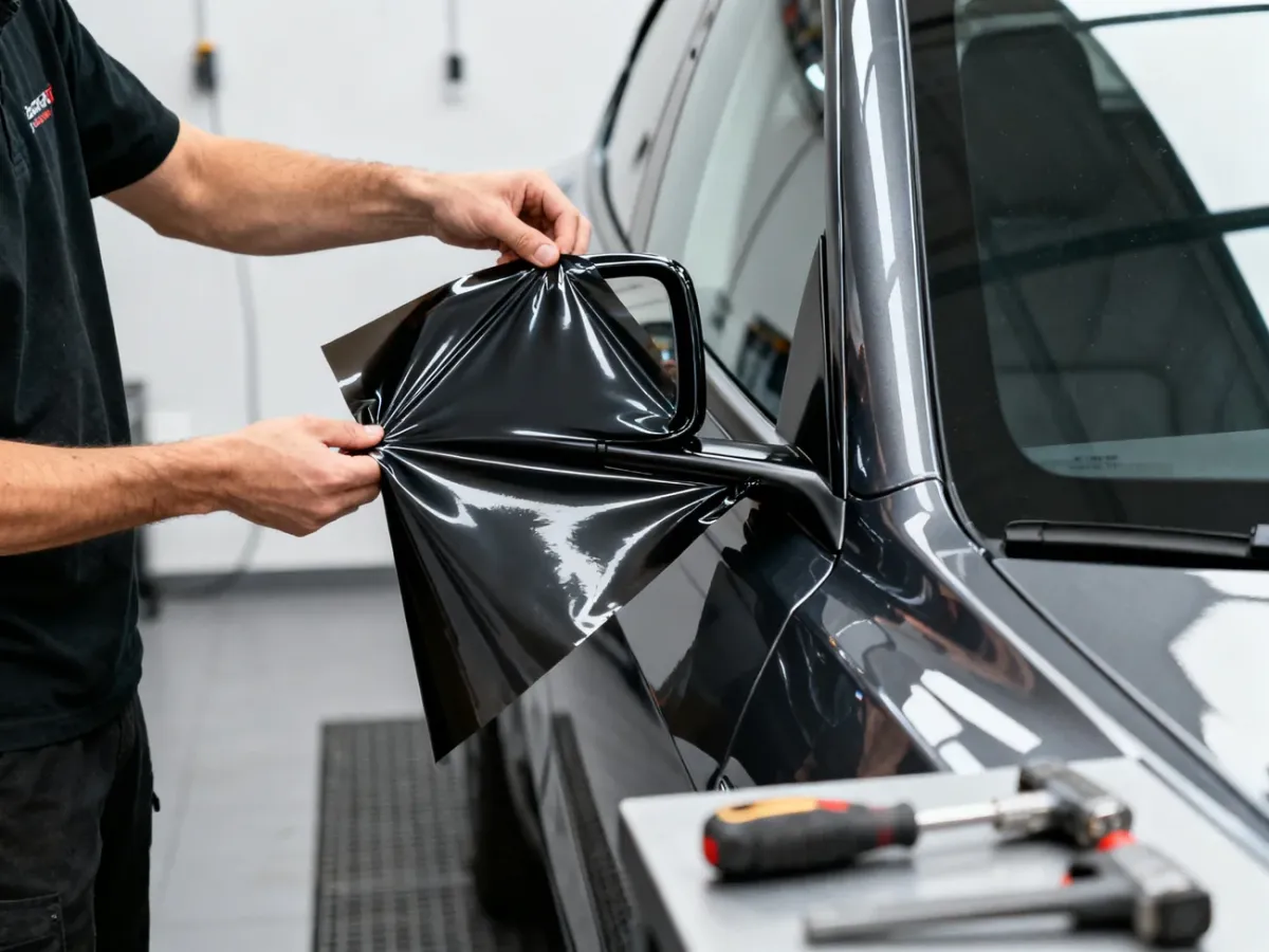 Technician wrapping a car door and side mirror with vinyl film