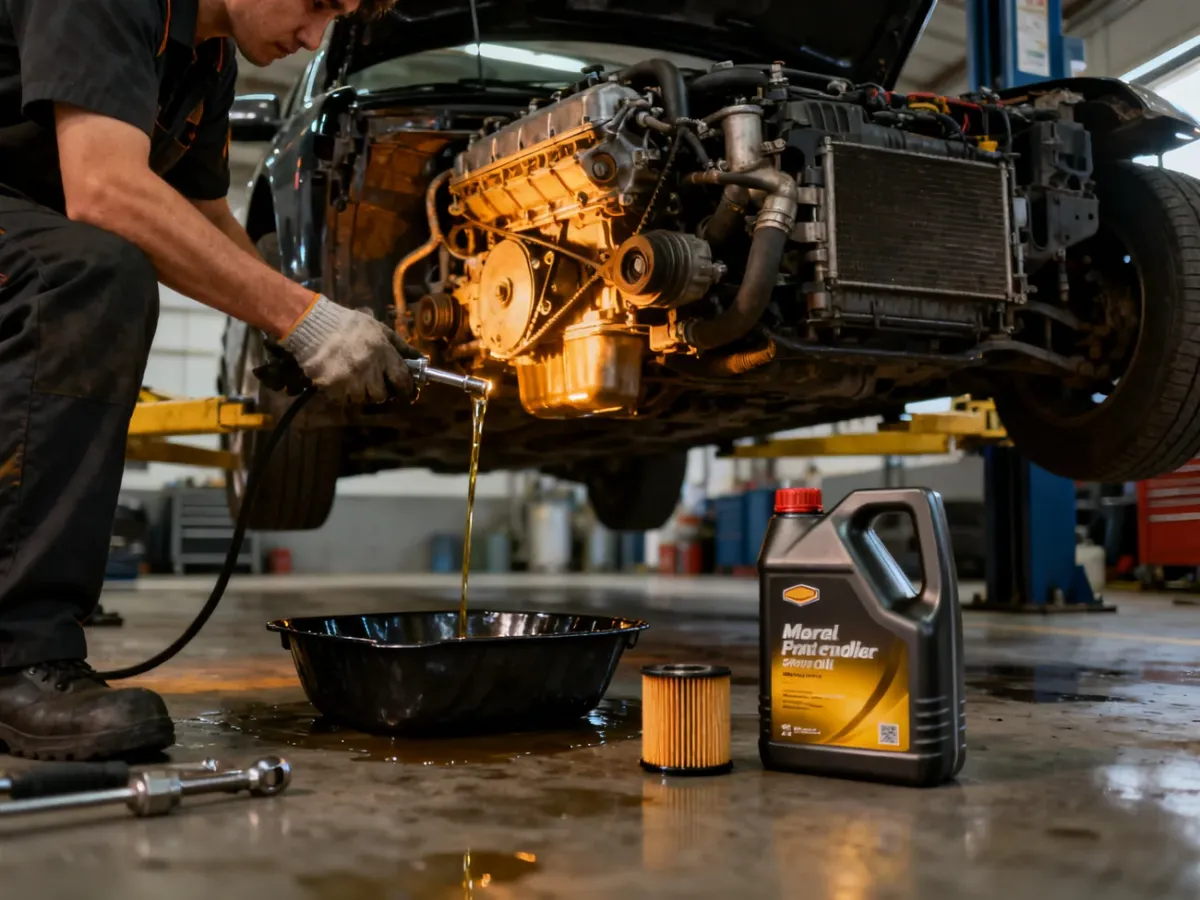 Mechanik wykonujący płukanie silnika przed wymianą oleju
