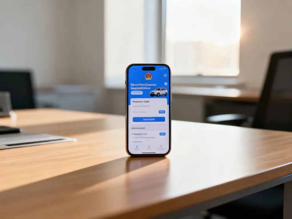 Smartfon z otwartym rządowym portalem do wyrejestrowania pojazdu na drewnianym biurku.