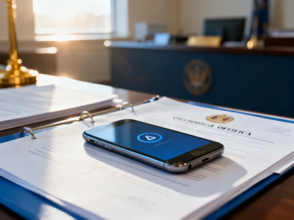 Smartfon z powiadomieniem o statusie dokumentu obok teczki na biurku w urzędzie, symbolizujący odbiór dowodu rejestracyjnego.