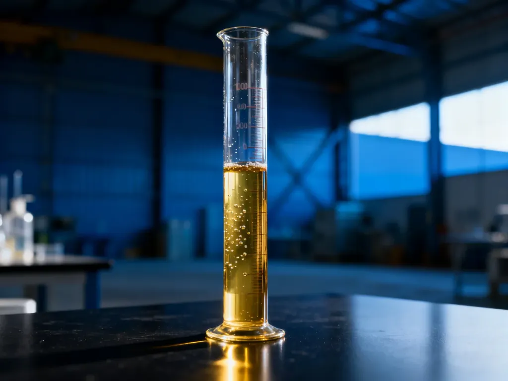 Szklany cylinder z olejem napędowym na laboratoryjnym stole, obrazujący gęstość i konsystencję paliwa.