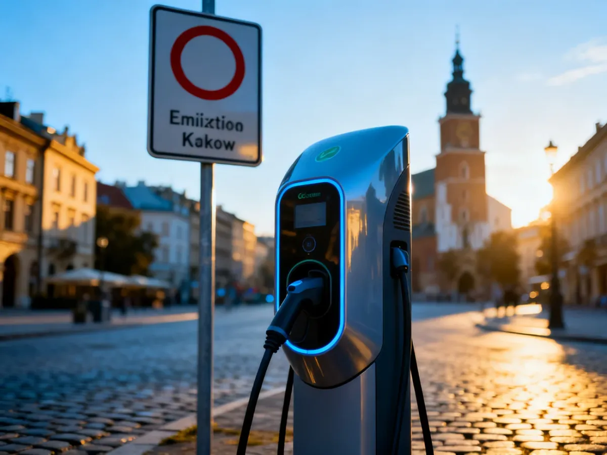 Znak strefy czystego transportu przy wjeździe do Krakowa oraz stacja ładowania aut elektrycznych na tle zabytkowej architektury.